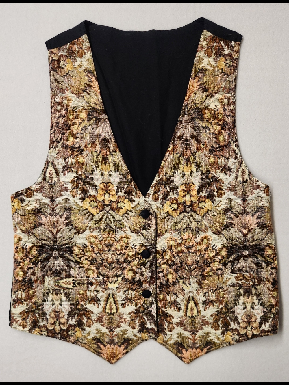 Cottagecore Botanical Floral Tapestry Vest Sz M Grannycore Boho Gold Waistcoat